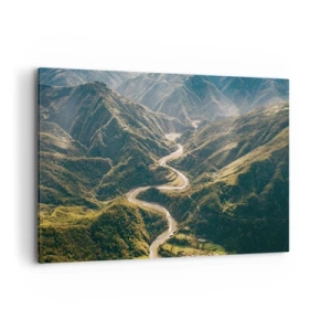 Impression sur toile - Image sur toile - Un paysage de montagne avec une route sinueuse parmi des collines verdoyantes - 120x80cm - Directement du coeur des montagnes - Décoration murale moderne pour le salon et la chambre ARTTOR