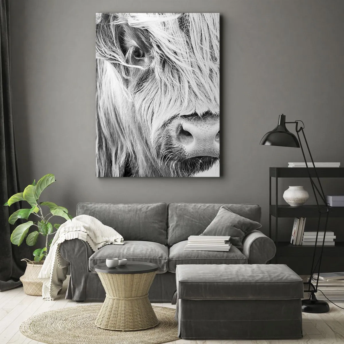 Impression sur toile - Image sur toile - Portrait d'une vache écossaise en noir et blanc - 80x120cm - Sauvagerie écossaise - Décoration murale moderne pour le salon et la chambre ARTTOR