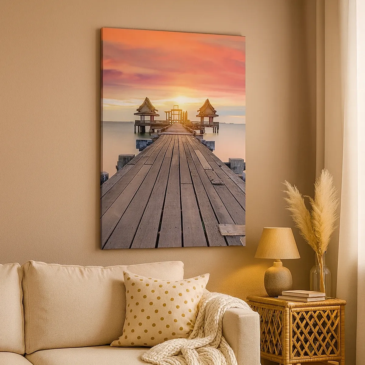 Impression sur toile - Image sur toile - Jetée en bois menant aux belvédères au coucher du soleil - 50x70cm - L'Ouest à l'Est - Décoration murale moderne pour le salon et la chambre ARTTOR
