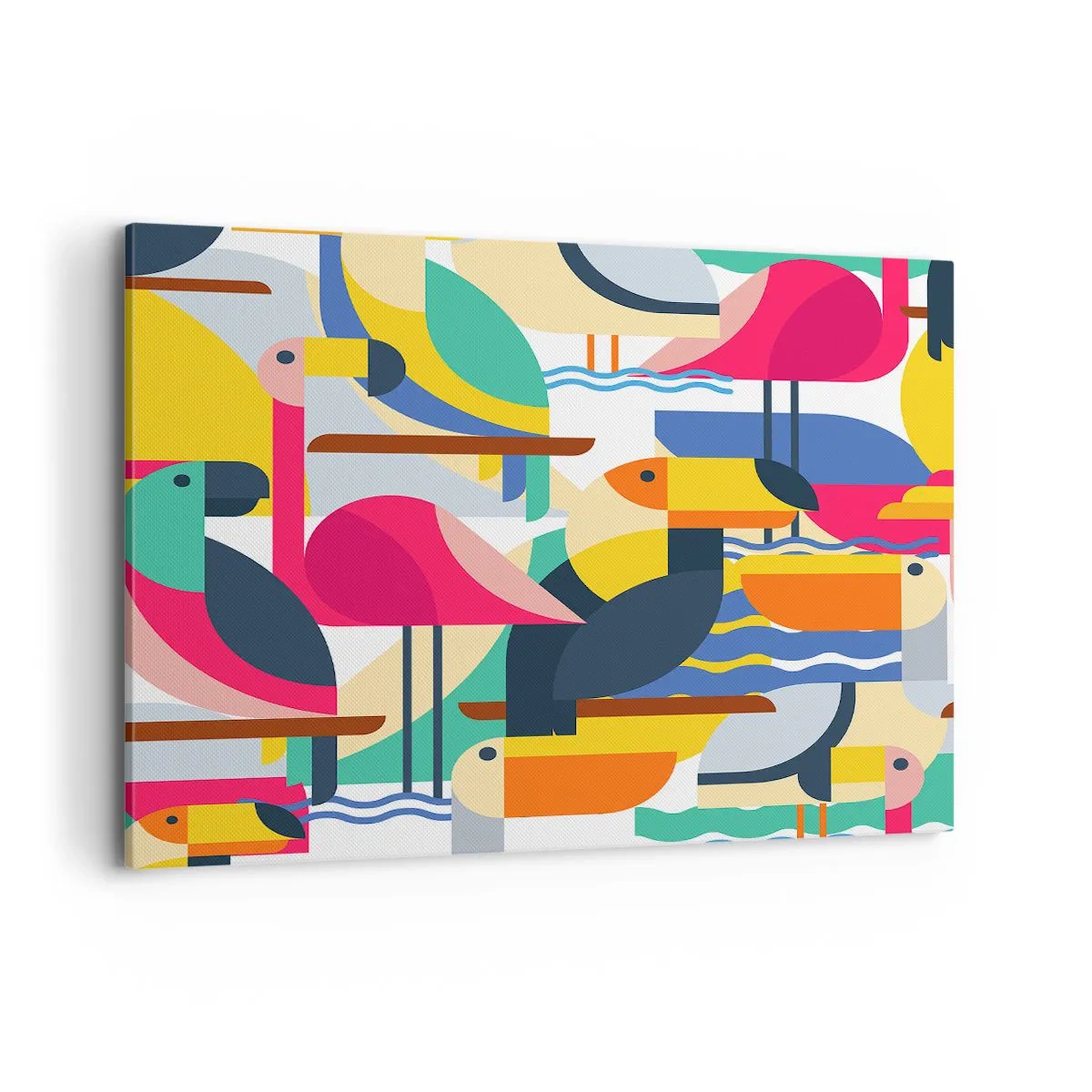 Impression sur toile - Image sur toile - Oiseaux colorés dans une composition abstraite et géométrique - 120x80cm - Fête des oiseaux - Décoration murale moderne pour le salon et la chambre ARTTOR