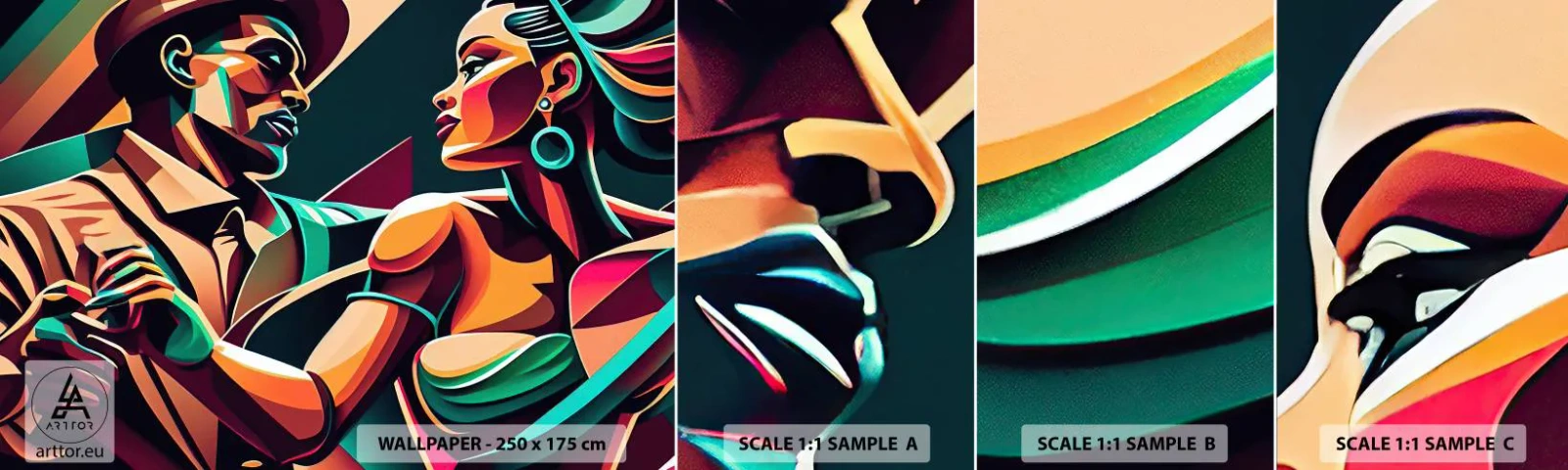 Échantillon de Papier Peint Autocollant Deluxe Sticker - Au rythme du coeur - Cubisme, Couple, Danse - 100x30 cm