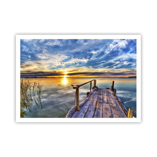 Affiche - Poster - Jetée en bois sur le lac au coucher du soleil - 100x70cm - Le vent se repose - Décoration murale moderne pour le salon et la chambre ARTTOR