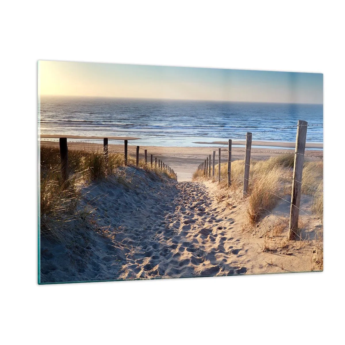 Impression sur verre - Image sur verre - Un chemin à travers les dunes menant à une plage avec une mer calme - 120x80cm - Le bruit de la mer, le chant des oiseaux, une plage sauvage parmi les herbes… - Décoration murale moderne pour le salon et la chambre