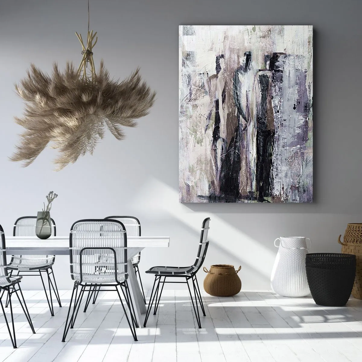 Impression sur toile - Image sur toile - Une composition abstraite avec trois personnages aux couleurs pastel. - 80x120cm - Les trois mystérieux - Décoration murale moderne pour le salon et la chambre ARTTOR