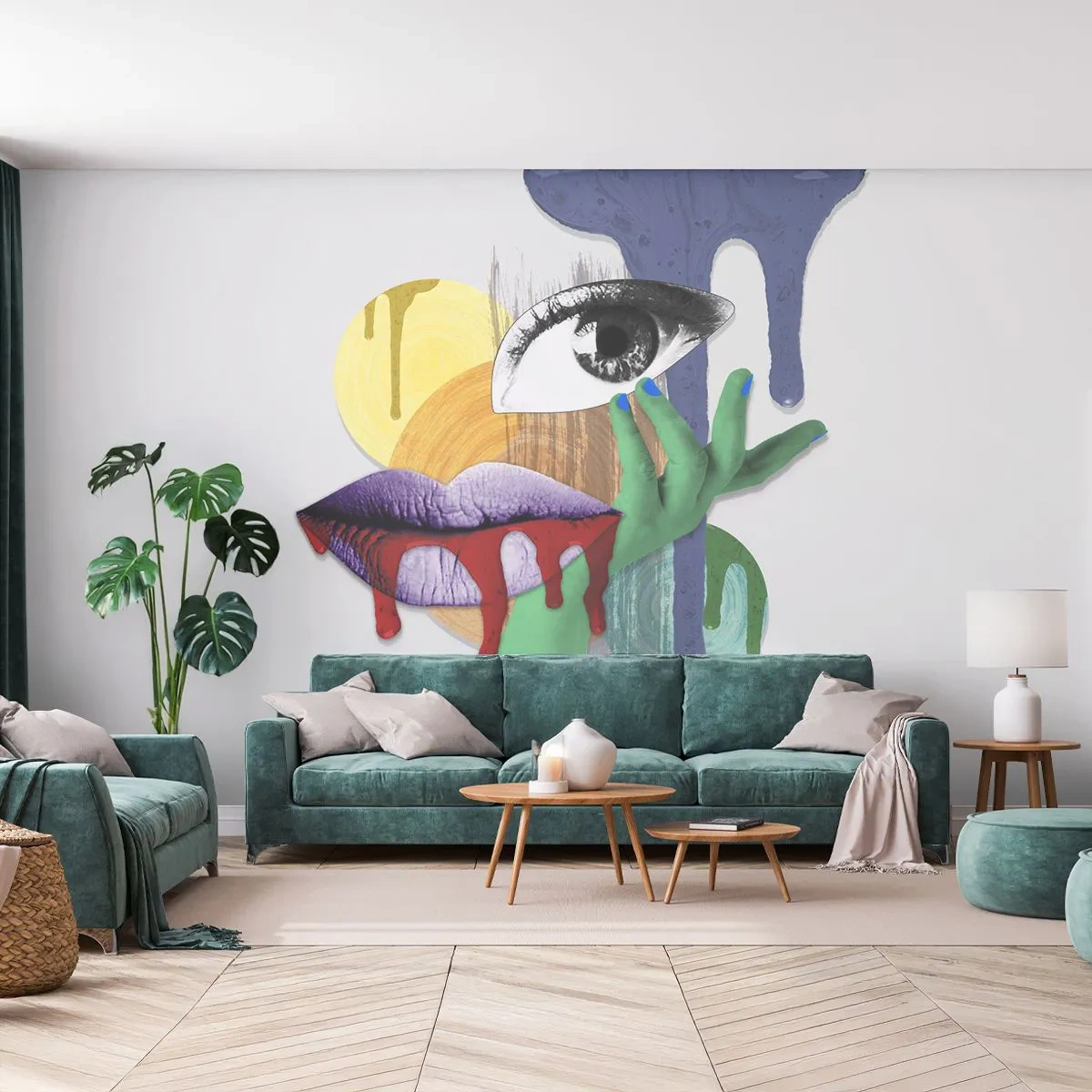 Papier Peint Photo Premium Sand - Composition de collage abstraite avec un œil et une bouche - 100x70cm - Un portrait déconstruit - Décoration murale moderne pour le salon et la chambre ARTTOR