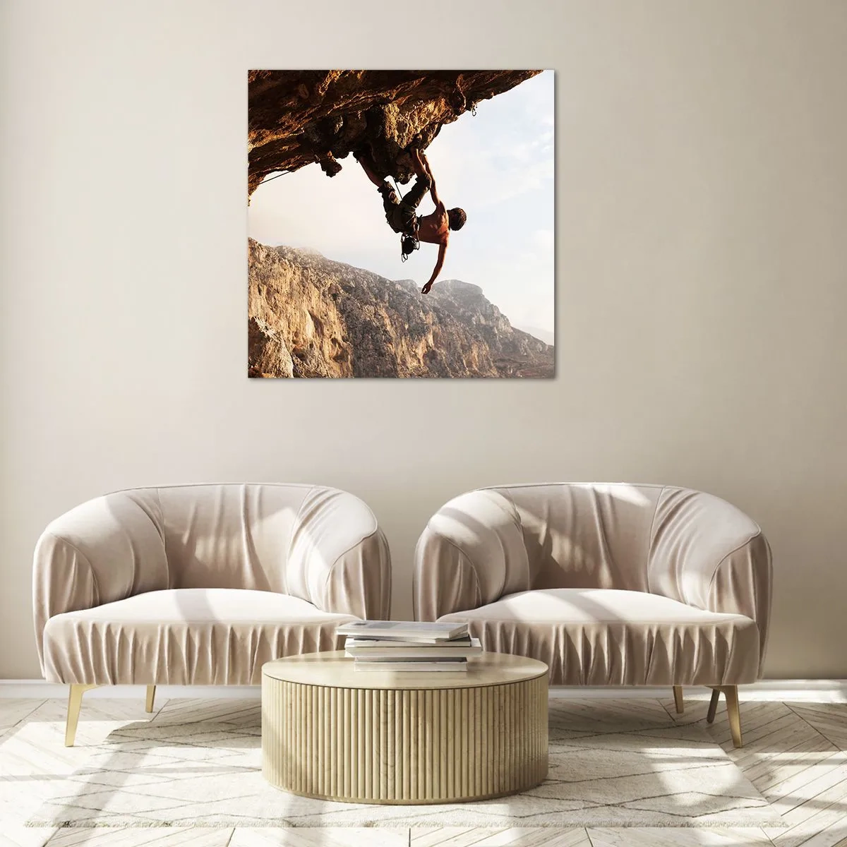 Impression sur verre - Image sur verre - Le monde rétréci dans une main sur une coupe de rocher - 70x70 cm