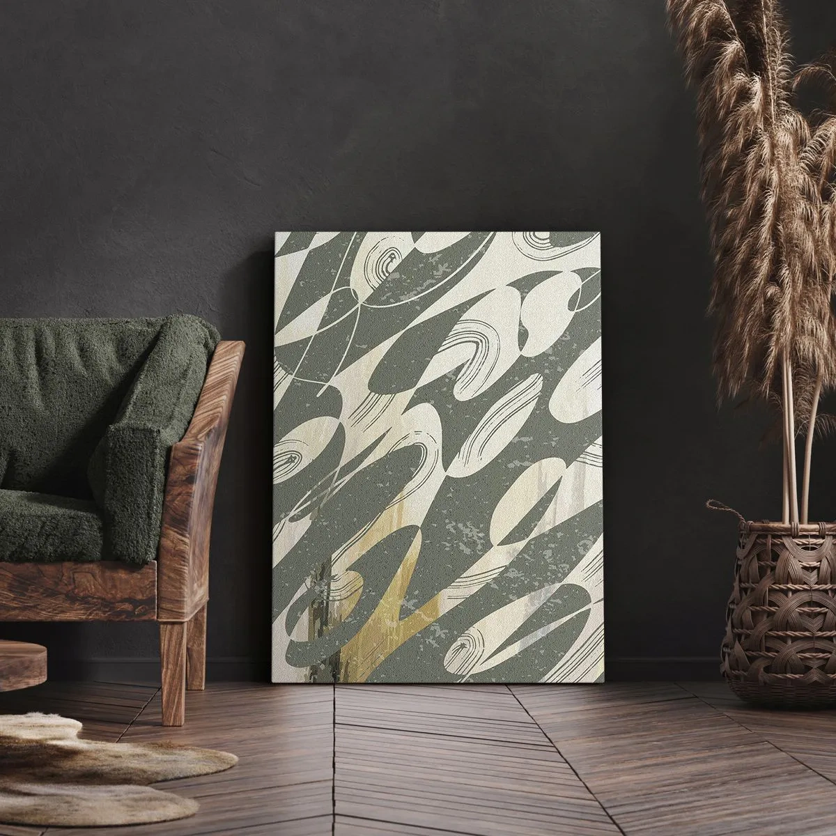 Impression sur toile - Image sur toile - Formes dynamiques dans des tons de vert et d'or - 70x100cm - Abstraction rythmique - Décoration murale moderne pour le salon et la chambre ARTTOR