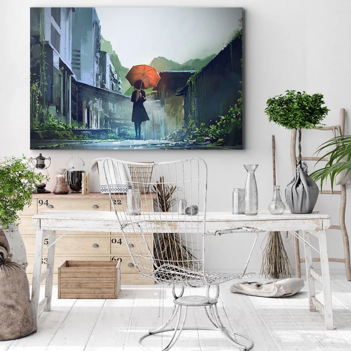 Impression sur toile - Image sur toile - Une silhouette avec un parapluie dans une ville pluvieuse - 120x80cm - Pluie vivifiante - Décoration murale moderne pour le salon et la chambre ARTTOR