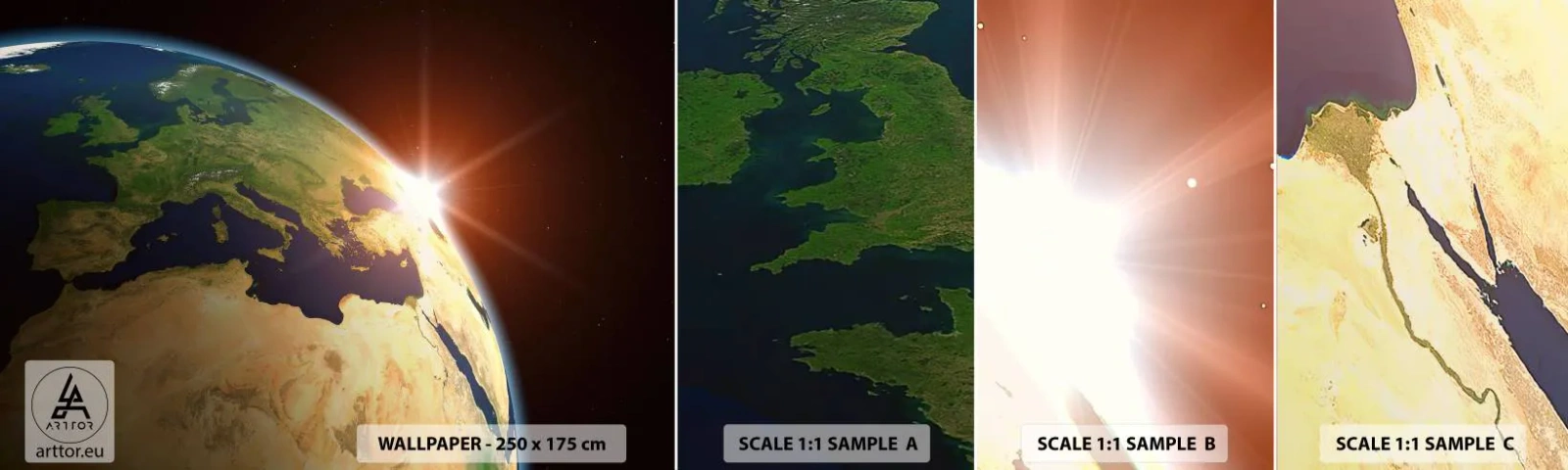 Échantillon De Papier Peint Standard Eco - Lever de soleil - Cosmos, Globe, Continents - 100x30 cm