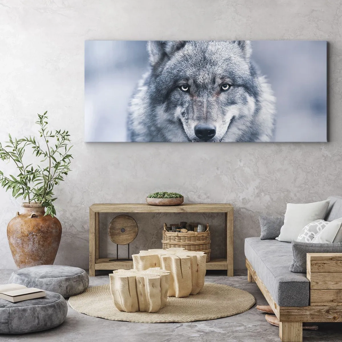 Impression sur toile - Image sur toile - Un loup au regard intense dans un paysage hivernal - 160x50cm - Relèverez-vous le défi ? - Décoration murale moderne pour le salon et la chambre ARTTOR