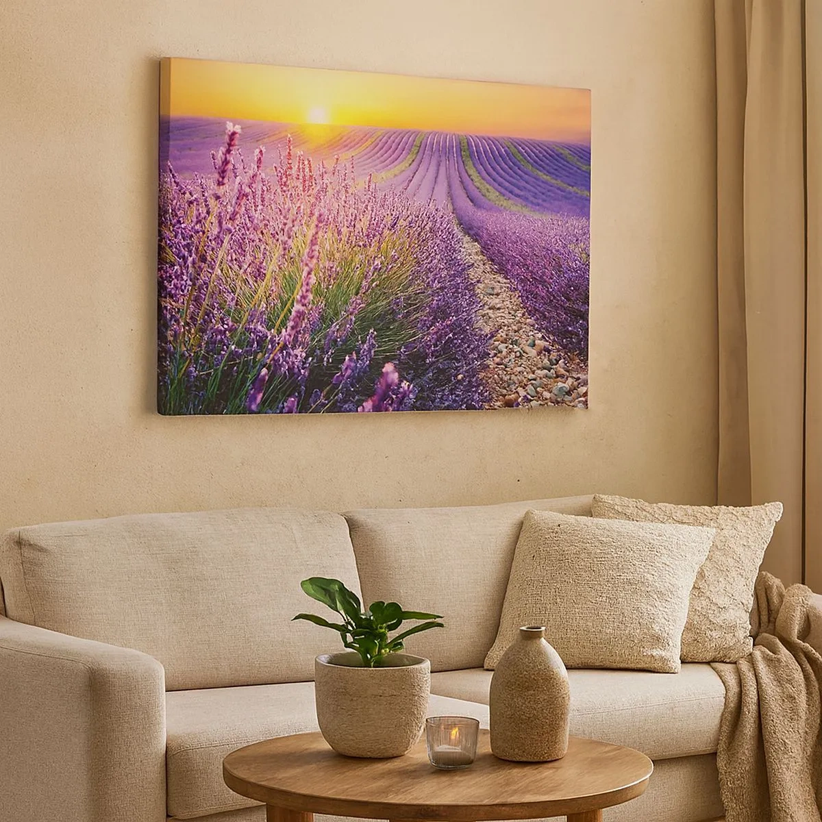 Impression sur toile - Image sur toile - Champ de lavande au coucher du soleil - 70x50cm - Tige parfumée - Décoration murale moderne pour le salon et la chambre ARTTOR