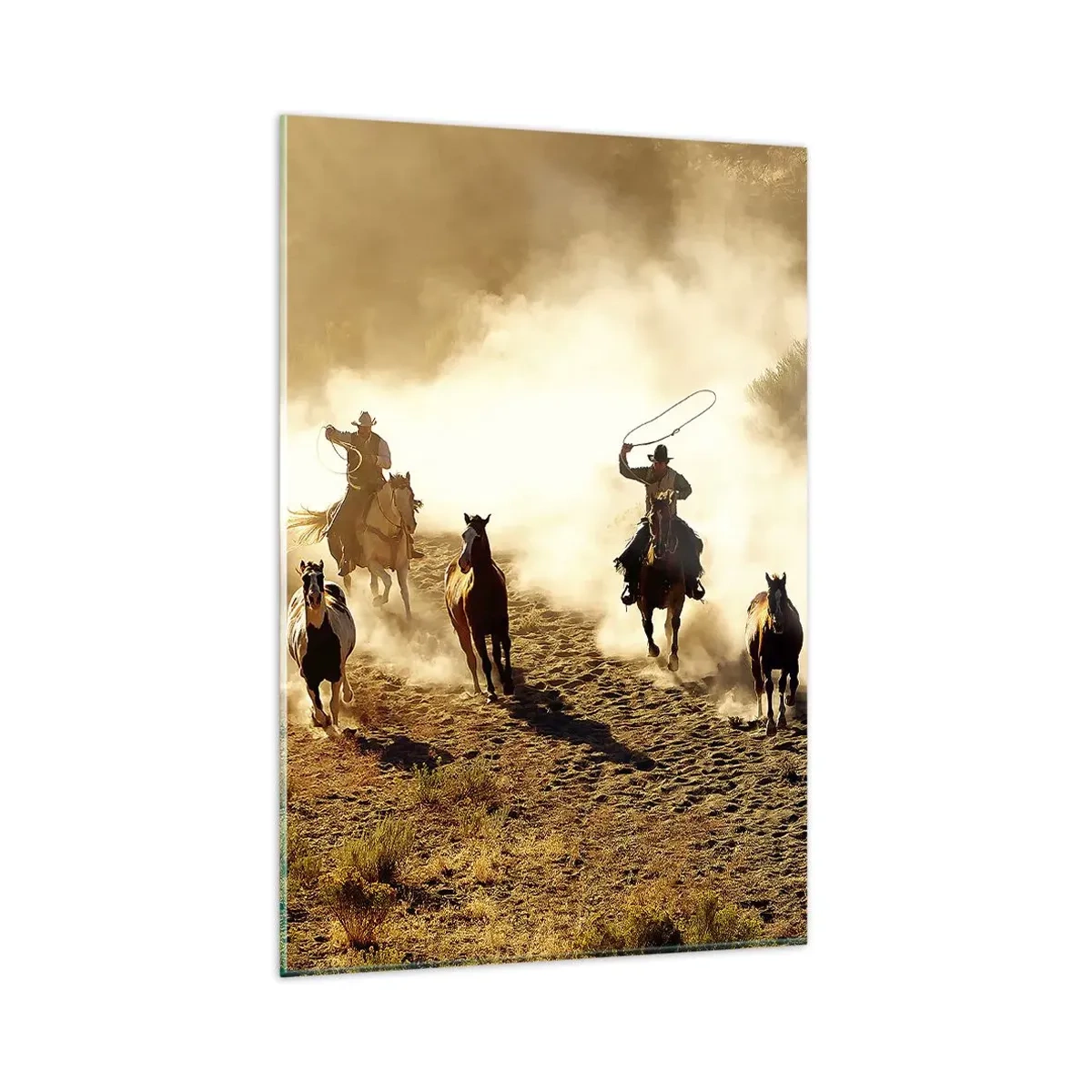 Impression sur verre - Image sur verre - Cowboys à cheval en action sur un terrain désertique - 80x120cm - L'ouest vraiment sauvage - Décoration murale moderne pour le salon et la chambre ARTTOR