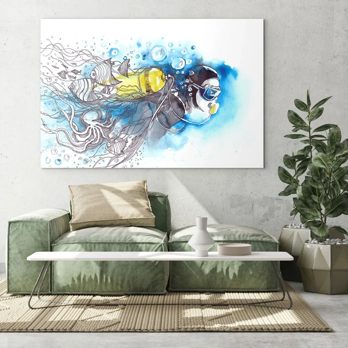 Impression sur verre - Image sur verre - Plongeur sous-marin avec des poissons en aquarelle artistique - 70x50cm - Le grand bleu - Décoration murale moderne pour le salon et la chambre ARTTOR