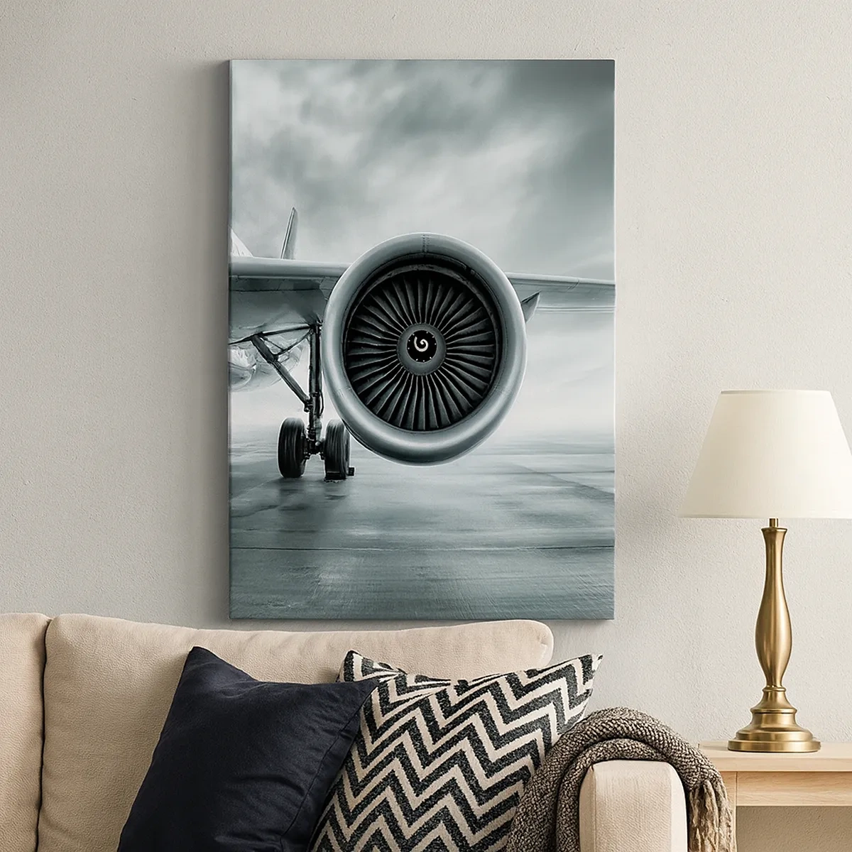 Impression sur toile - Image sur toile - Le réacteur d'un avion sur le tarmac - 50x70cm - Sent la force! - Décoration murale moderne pour le salon et la chambre ARTTOR