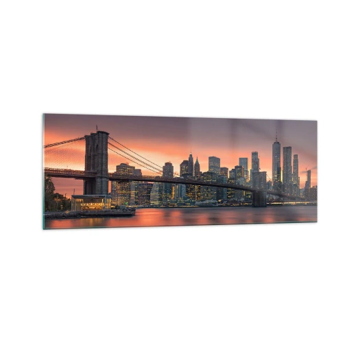 Impression sur verre - Image sur verre - Panorama nocturne de la ville avec un pont et un ciel illuminé - 140x50cm - Immergé dans le silence lilas - Décoration murale moderne pour le salon et la chambre ARTTOR