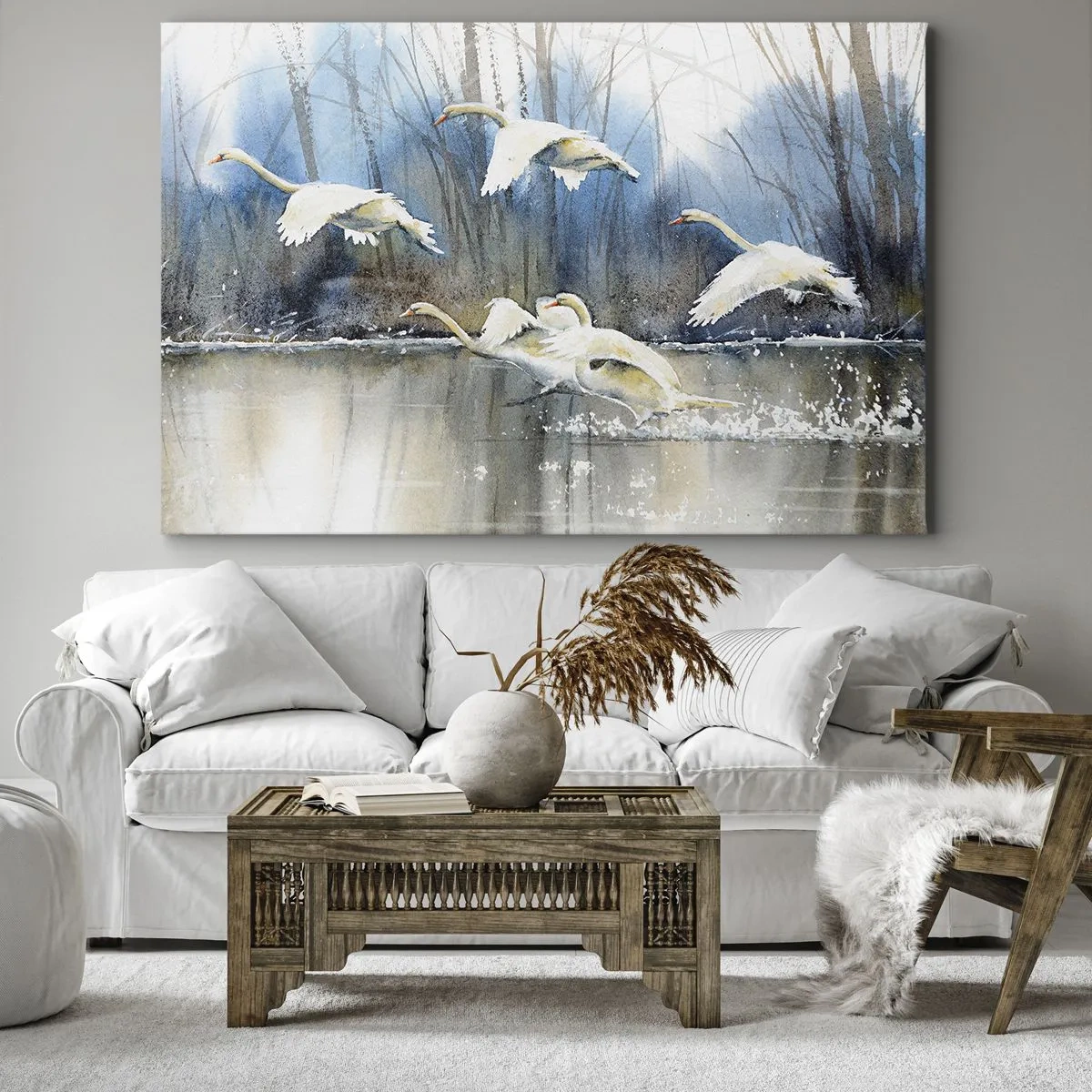 Impression sur toile - Image sur toile - Cygnes en vol au-dessus d'un lac gelé dans un paysage hivernal - 120x80cm - Comme dans un conte de fées sur les cygnes sauvages - Décoration murale moderne pour le salon et la chambre ARTTOR