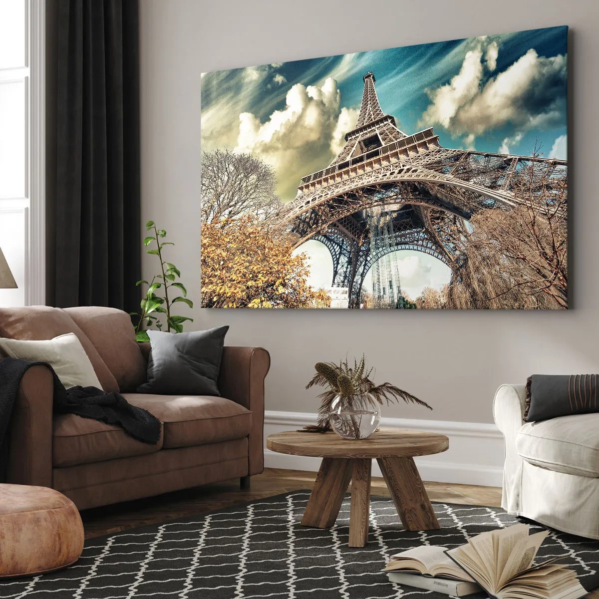 Impression sur toile - Image sur toile - La Tour Eiffel vue d'en bas dans un décor automnal - 100x70cm - Et en automne à Paris... - Décoration murale moderne pour le salon et la chambre ARTTOR