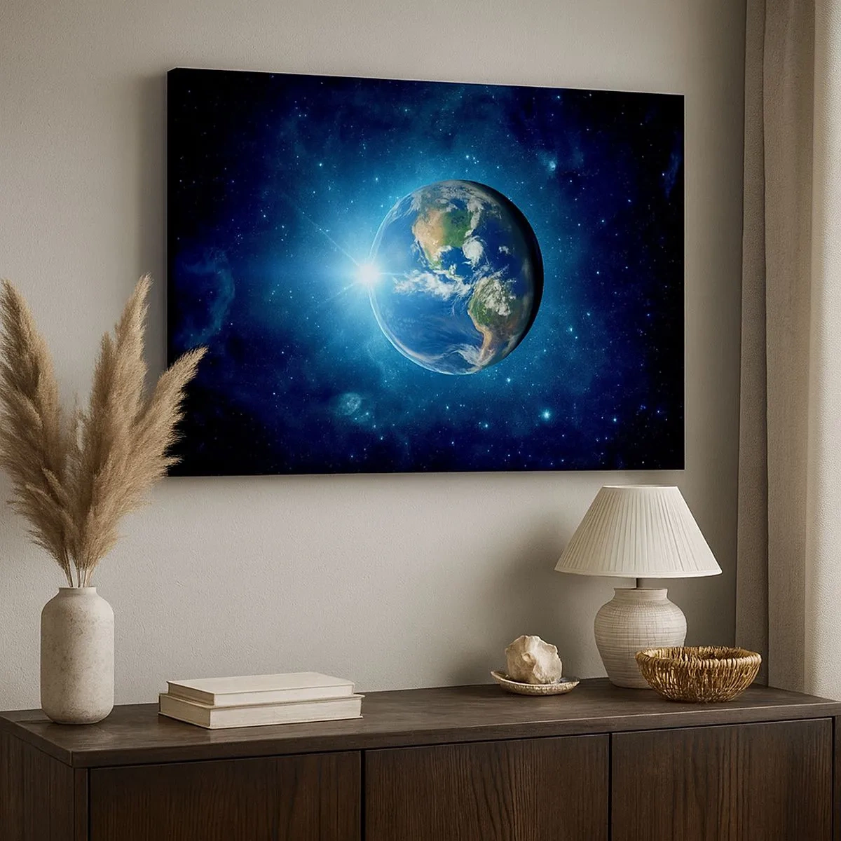 Impression sur toile - Image sur toile - La Terre dans l'espace entourée d'étoiles et de lumière - 70x50cm - Nous sommes au paradis - Décoration murale moderne pour le salon et la chambre ARTTOR