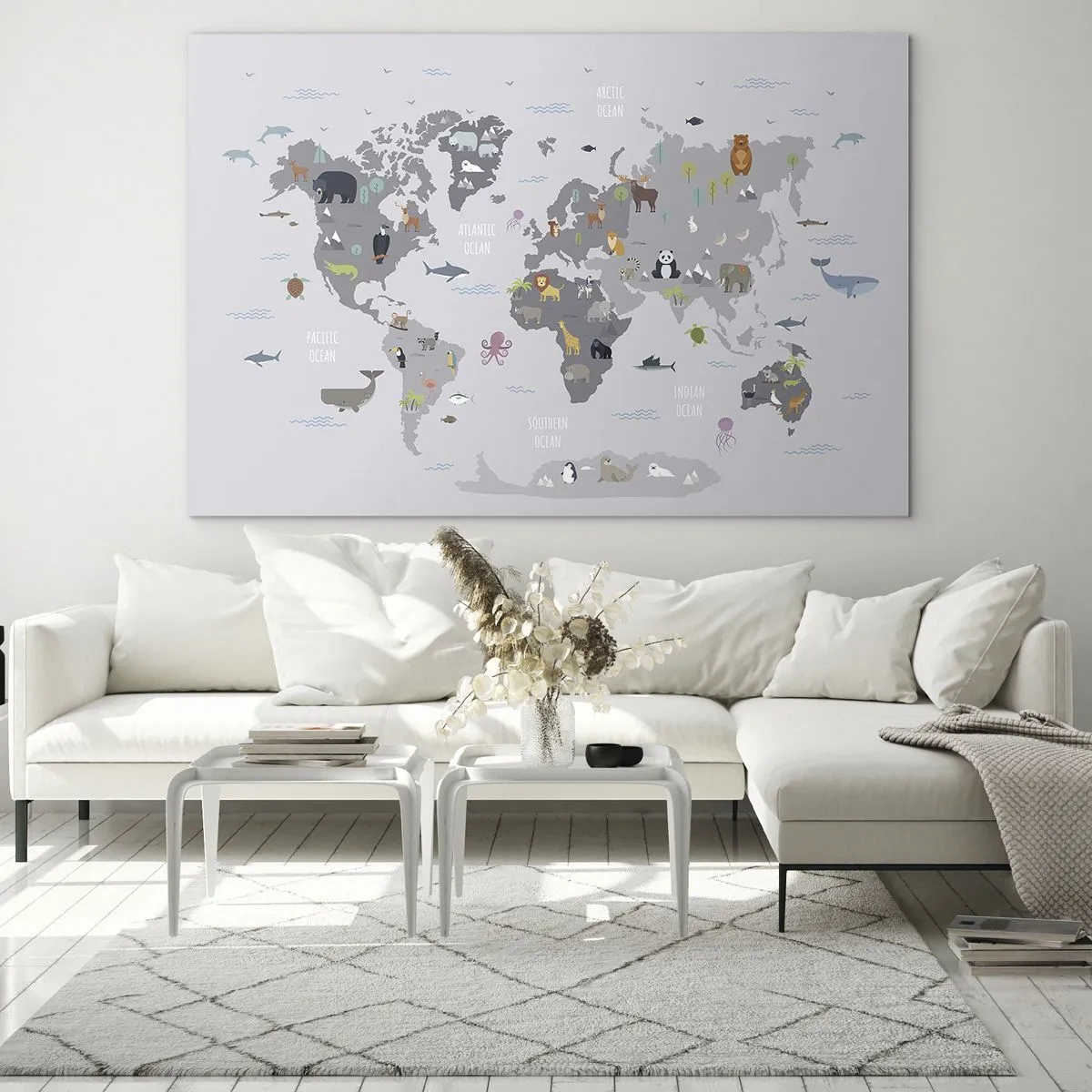Impression sur verre - Image sur verre - Carte du monde illustrée avec des animaux caractéristiques - 120x80cm - Dis-moi d'où tu viens... - Décoration murale moderne pour le salon et la chambre ARTTOR