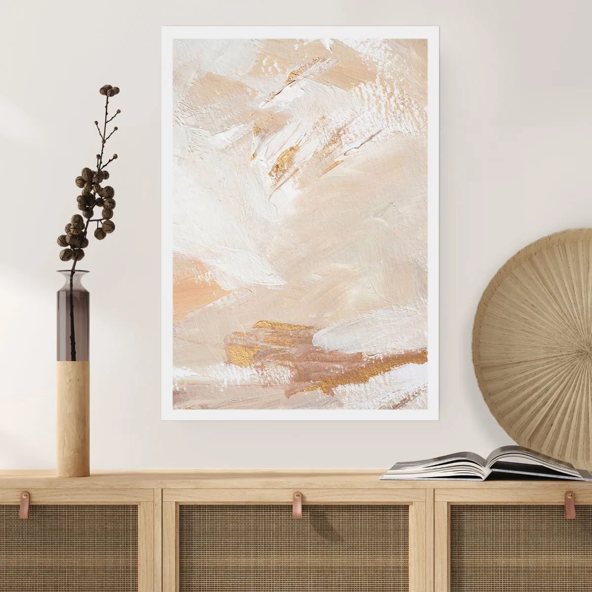 Affiche - Poster - Coups de pinceau abstraits en beige et or - 50x70cm - Composition pastel - Décoration murale moderne pour le salon et la chambre ARTTOR