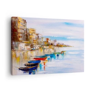 Impression sur toile - Image sur toile - Bateaux colorés sur le rivage surplombant les toits de la ville - 70x50cm - Un havre urbain multicolore - Décoration murale moderne pour le salon et la chambre ARTTOR