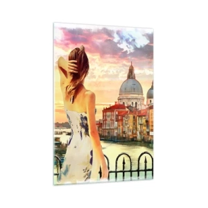 Impression sur verre - Image sur verre - Une femme admirant le paysage pittoresque au bord du canal - 70x100cm - Pour une aventure c'est uniquement dans ... - Décoration murale moderne pour le salon et la chambre ARTTOR