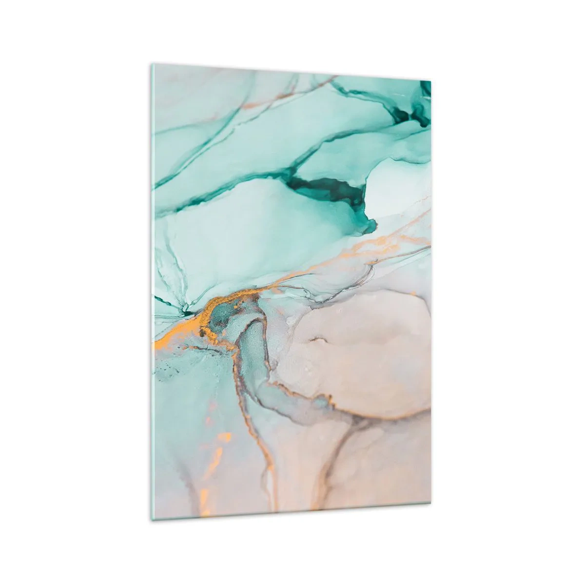 Impression sur verre - Image sur verre - Une composition abstraite dans des tons turquoise et or. - 70x100cm - Danse des formes et des couleurs - Décoration murale moderne pour le salon et la chambre ARTTOR