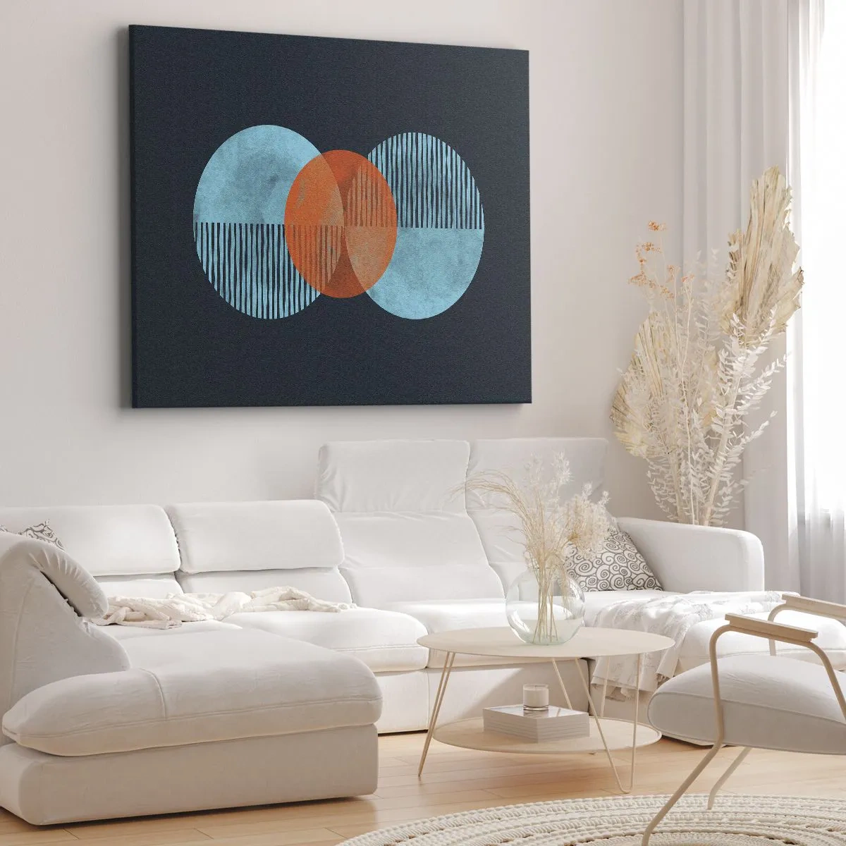 Impression sur toile - Image sur toile - Cercles géométriques dans les tons bleu et orange - 70x50cm - Composition symétrique - Décoration murale moderne pour le salon et la chambre ARTTOR