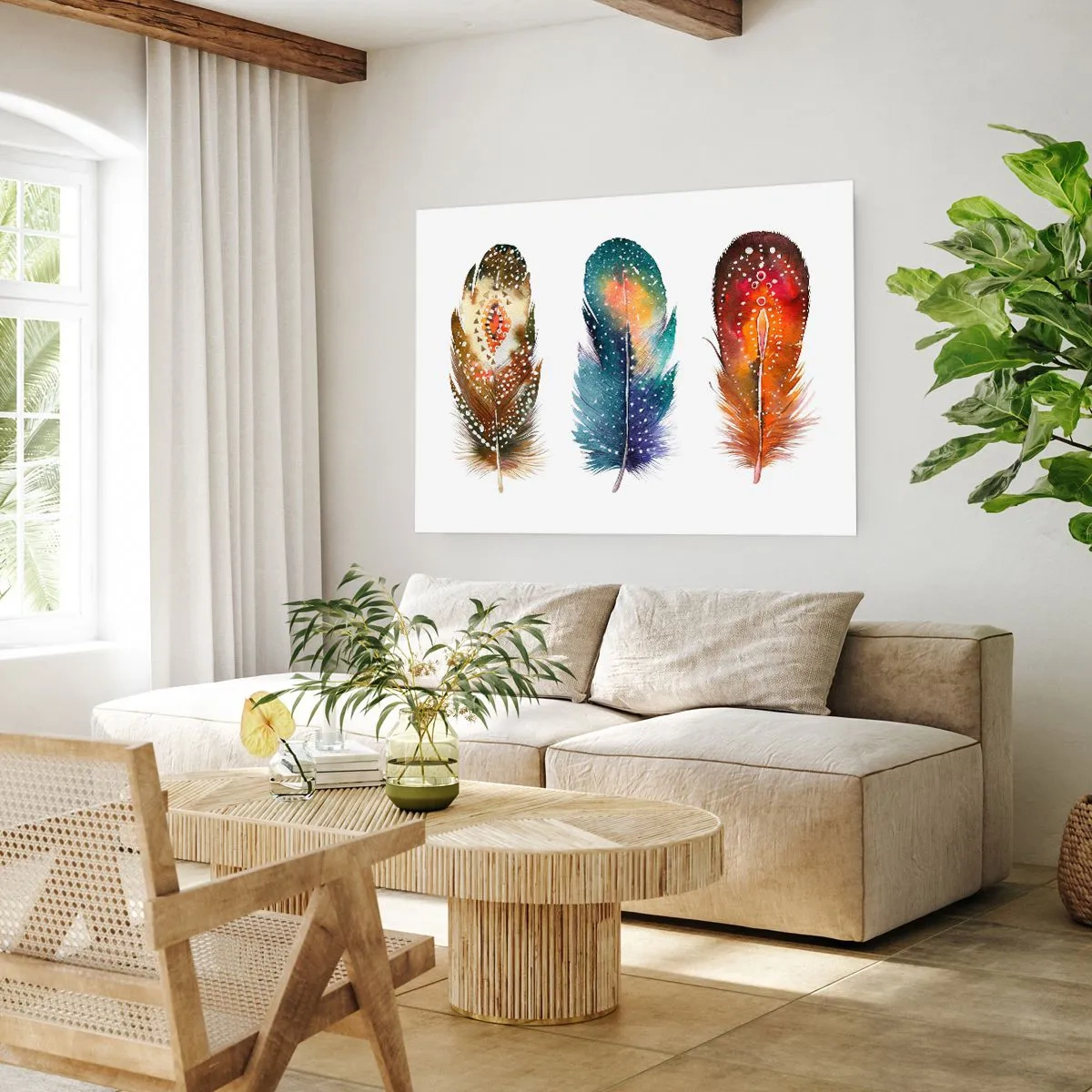 Affiche - Poster - Trois plumes colorées avec des motifs artistiques sur un fond clair - 100x70cm - Rituels, cérémonies, secrets - Décoration murale moderne pour le salon et la chambre ARTTOR