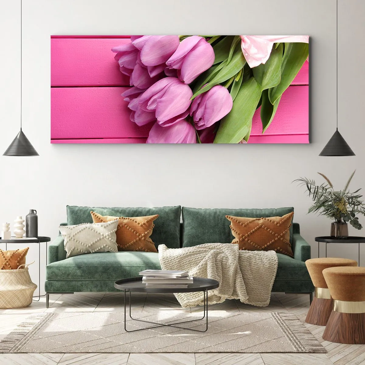 Impression sur toile - Image sur toile - Un bouquet de tulipes roses avec un nœud sur un fond rose - 140x50cm - Juste pour toi - Décoration murale moderne pour le salon et la chambre ARTTOR