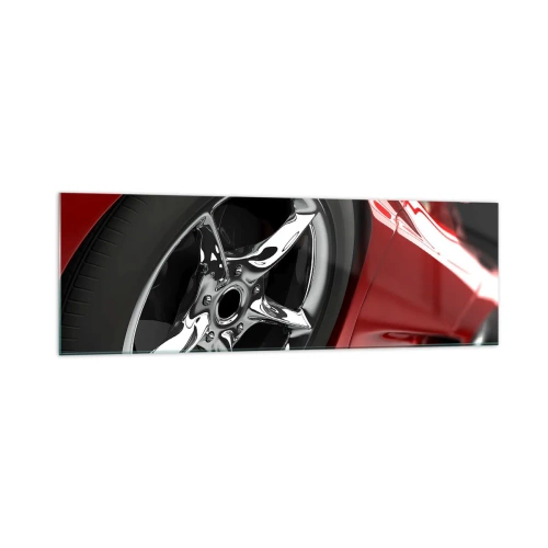 Impression sur verre - Image sur verre - Voiture de sport rouge avec jantes chromées - 160x50cm - Conçu pour la vitesse - Décoration murale moderne pour le salon et la chambre ARTTOR