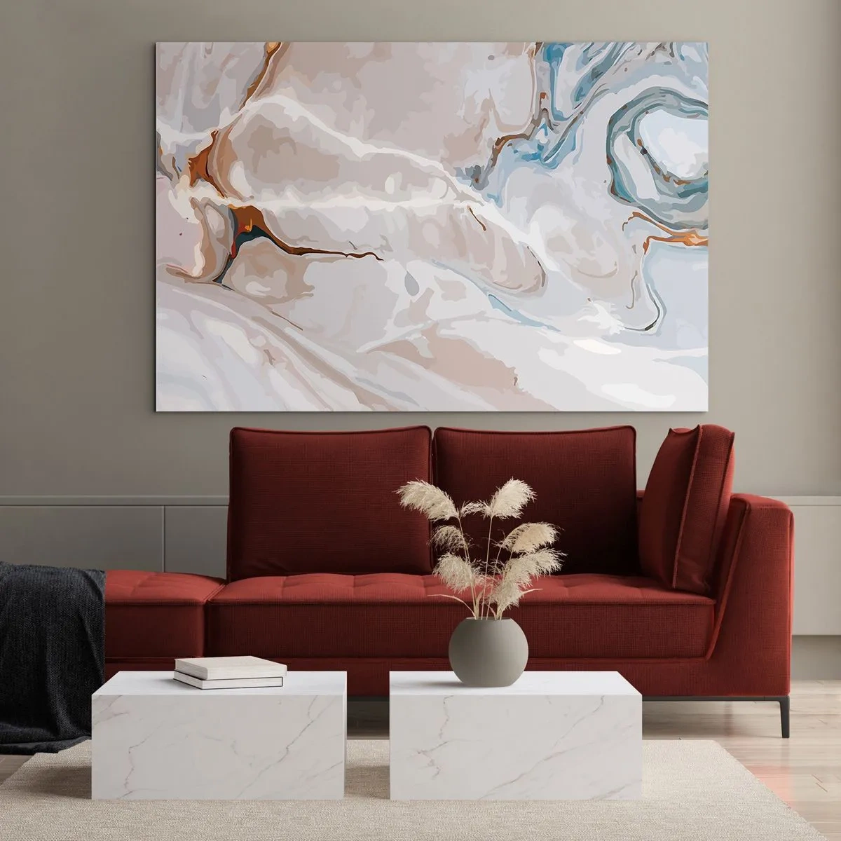 Impression sur verre - Image sur verre - Motif artistique dans des tons neutres avec des accents de bleu - 70x50cm - Le bleu serpente sous le blanc - Décoration murale moderne pour le salon et la chambre ARTTOR
