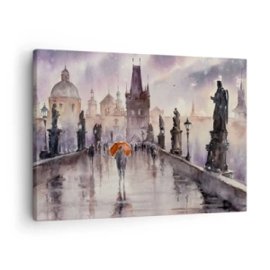 Impression sur toile - Image sur toile - Vue romantique d'un pont avec un parapluie sur fond de ville en soirée - 70x50cm - Les gens ne changent pas - Décoration murale moderne pour le salon et la chambre ARTTOR