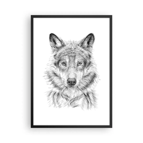 Affiche dans un cadre noir - Poster - Dessin détaillé d'un loup en noir et blanc - 50x70cm - Un leader né - Décoration murale moderne pour le salon et la chambre ARTTOR