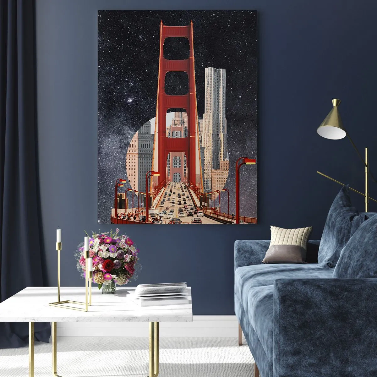 Impression sur verre - Image sur verre - Le Golden Gate Bridge avec la ville en arrière-plan contre un ciel étoilé - 80x120cm - Toujours au centre - Décoration murale moderne pour le salon et la chambre ARTTOR