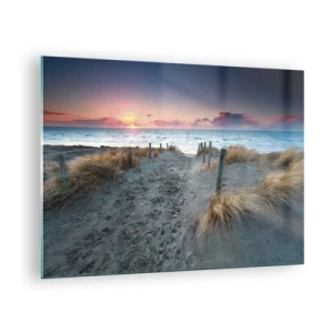 Impression sur verre - Image sur verre - Chemin à travers les dunes menant à la mer au coucher du soleil - 70x50cm - Tu as versé l'éclat de l'arc-en-ciel sur les flots - Décoration murale moderne pour le salon et la chambre ARTTOR