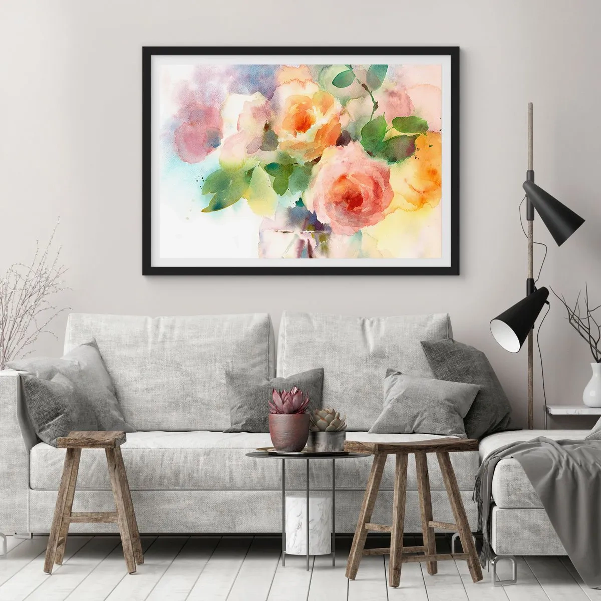 Affiche dans un cadre noir - Poster - Roses délicates de style aquarelle sur fond clair - 100x70cm - Délicat comme l'aquarelle - Décoration murale moderne pour le salon et la chambre ARTTOR