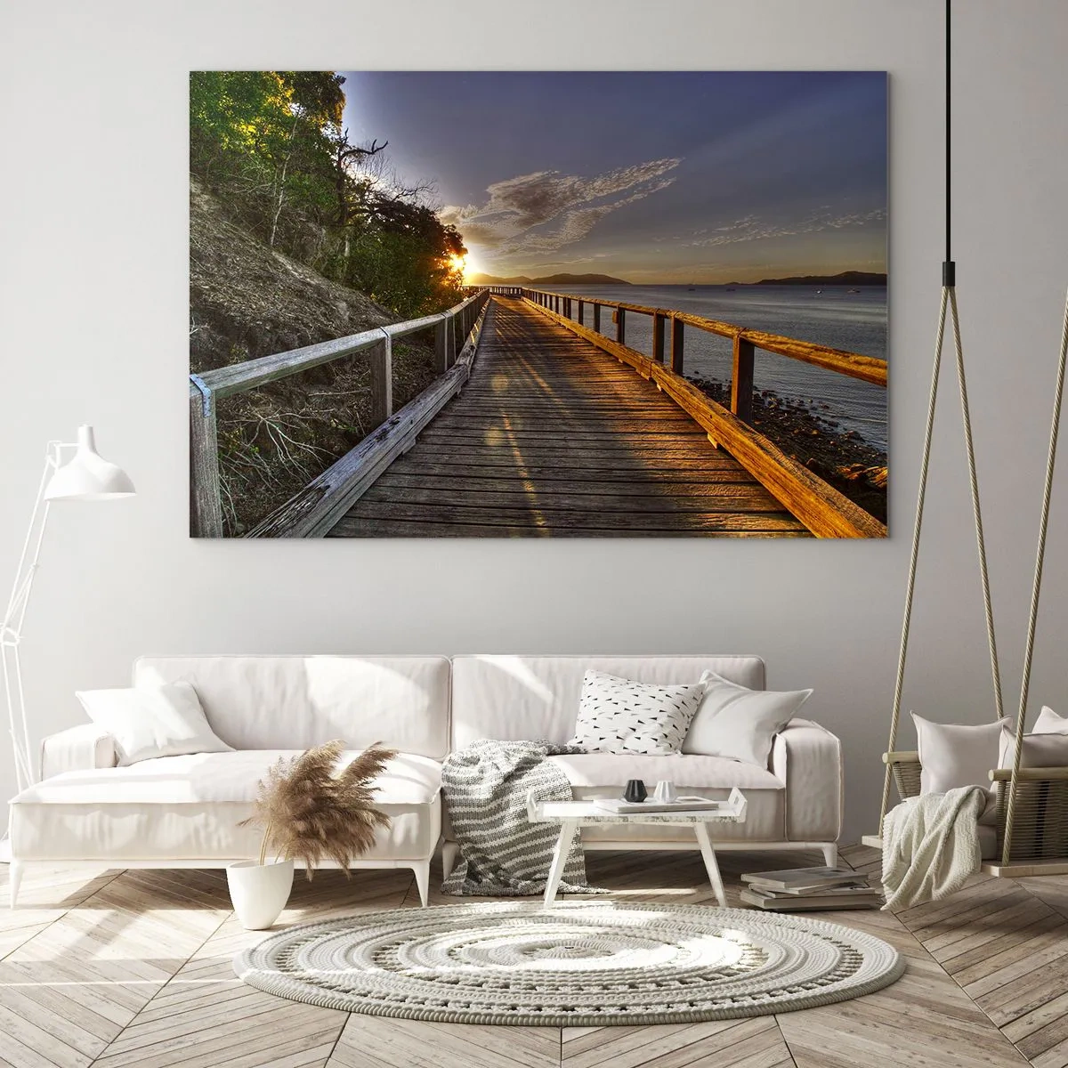 Impression sur verre - Image sur verre - Passerelle en bois au coucher du soleil - 70x50cm - Aller, aller tout le temps en direction du soleil - Décoration murale moderne pour le salon et la chambre ARTTOR