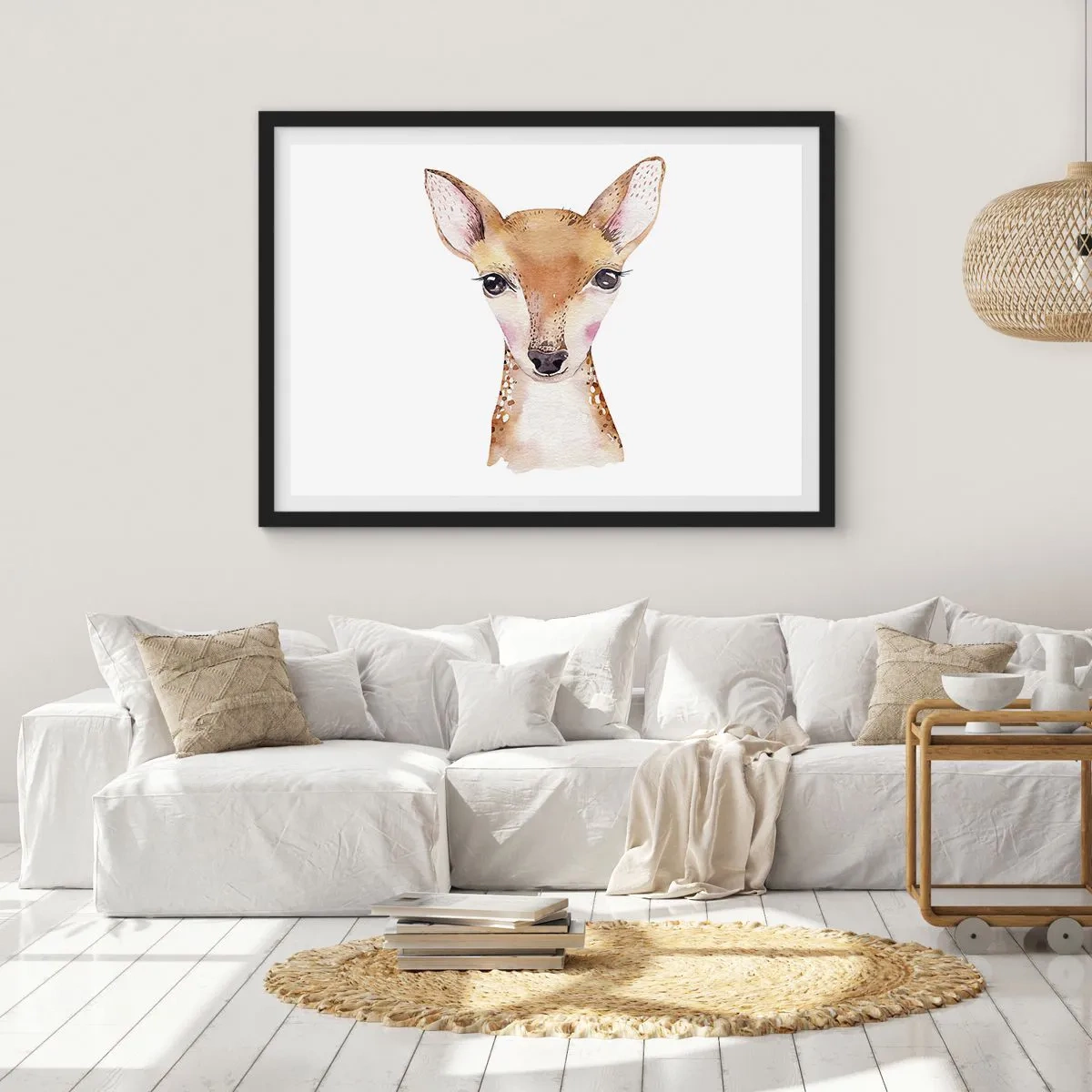Affiche dans un cadre noir - Poster - Portrait à l'aquarelle d'un jeune chevreuil sur fond blanc - 70x50cm - L'innocence de la nature - Décoration murale moderne pour le salon et la chambre ARTTOR