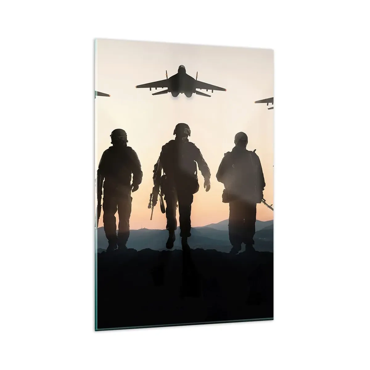 Impression sur verre - Image sur verre - Silhouettes de soldats et d'avions de chasse sur fond de coucher de soleil - 80x120cm - Bienvenue dans notre monde - Décoration murale moderne pour le salon et la chambre ARTTOR
