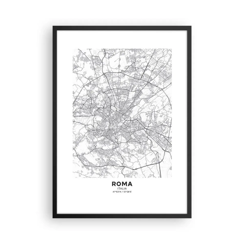 Affiche dans un cadre noir - Poster - Carte de Rome en noir et blanc avec rues et monuments détaillés - 50x70cm - Cercle romain - Décoration murale moderne pour le salon et la chambre ARTTOR