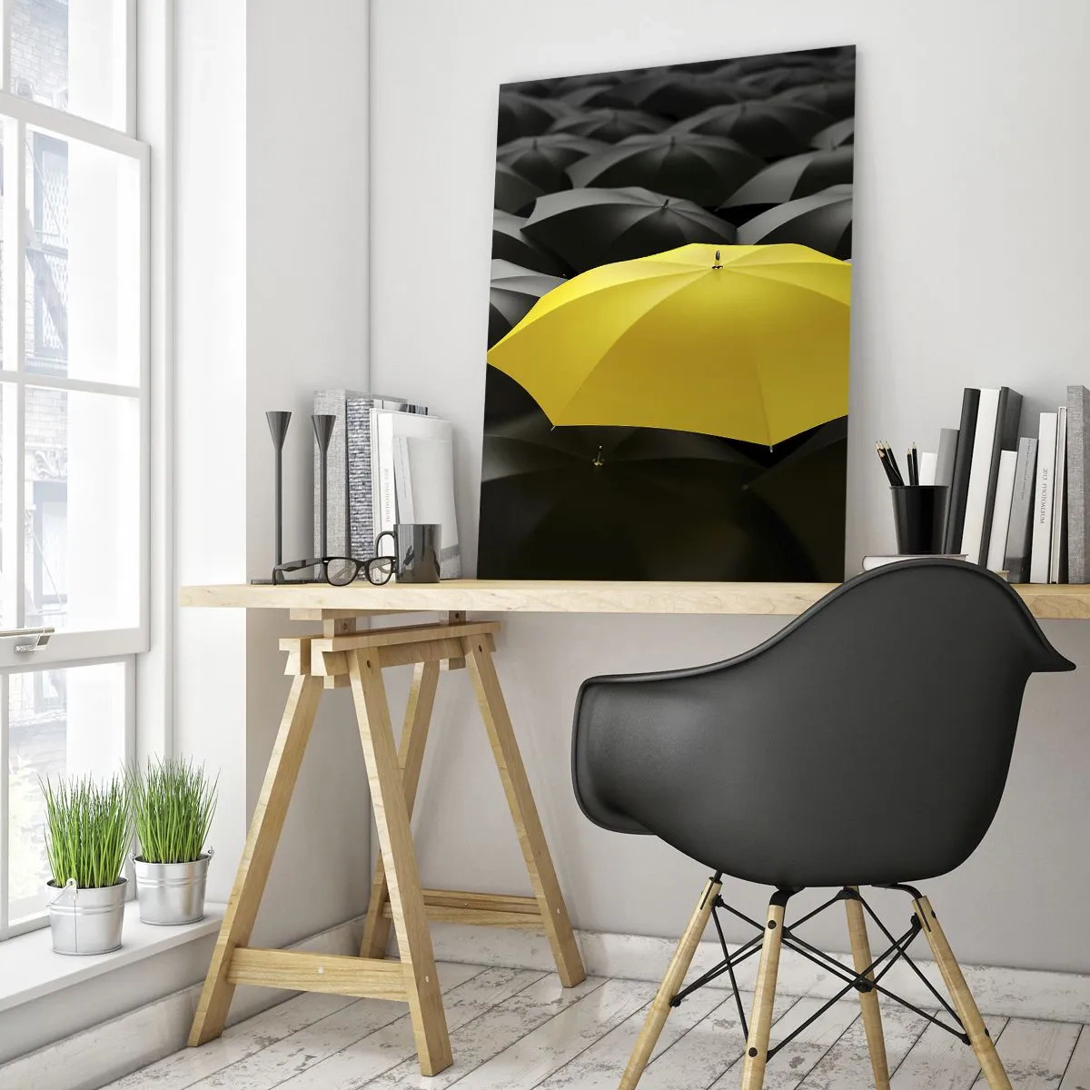 Impression sur verre - Image sur verre - Un parapluie jaune parmi des parapluies noirs - 80x120cm - Adieu chagrin - Décoration murale moderne pour le salon et la chambre ARTTOR