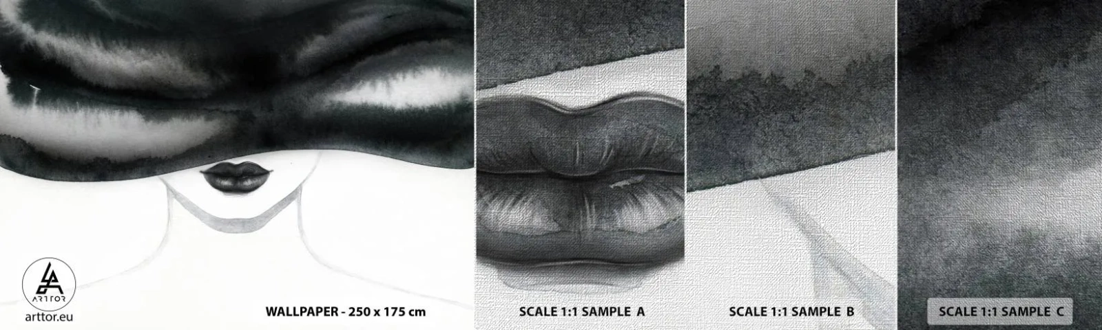 Échantillon de Papier Peint Premium Canvas - Un mystère sensuel - Femme au chapeau, Modèle, Noir et blanc - 100x30 cm