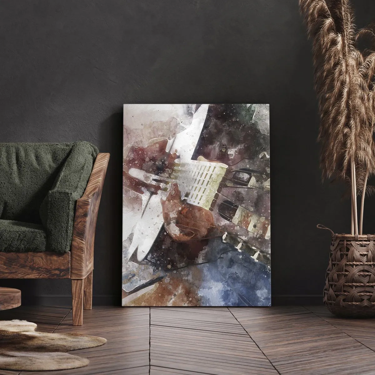 Impression sur toile - Image sur toile - Une interprétation artistique d'une guitare dans un style aquarelle - 50x70cm - Et qu'en pensez-vous ? - Décoration murale moderne pour le salon et la chambre ARTTOR