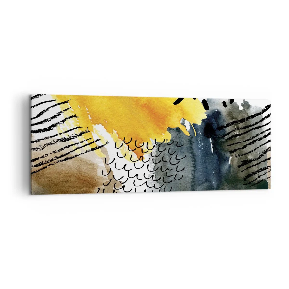 Impression sur toile - Image sur toile - Une composition abstraite avec des accents jaunes et des motifs graphiques. - 140x50cm - Rencontre des éléments - Décoration murale moderne pour le salon et la chambre ARTTOR