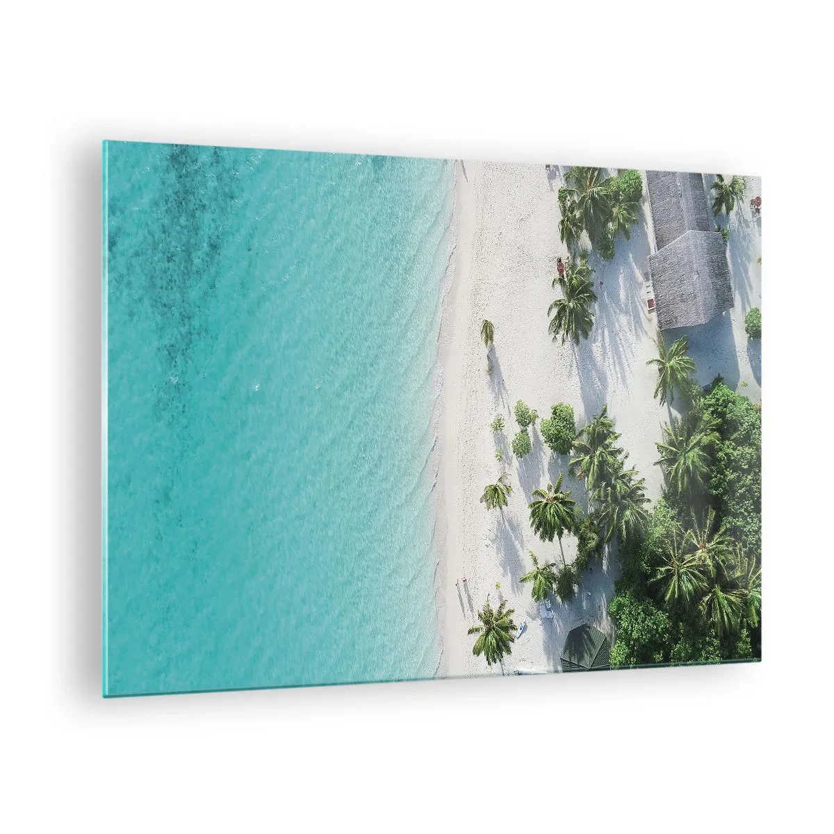 Impression sur verre - Image sur verre - Vue plongeante sur une plage tropicale avec des palmiers et une mer turquoise - 70x50cm - Vacances au paradis - Décoration murale moderne pour le salon et la chambre ARTTOR