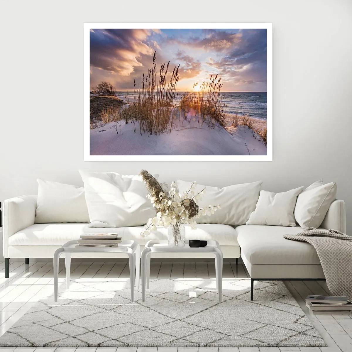 Affiche - Poster - Dunes avec des herbes sur fond de soleil couchant - 100x70cm - Salutations du soleil et du vent - Décoration murale moderne pour le salon et la chambre ARTTOR