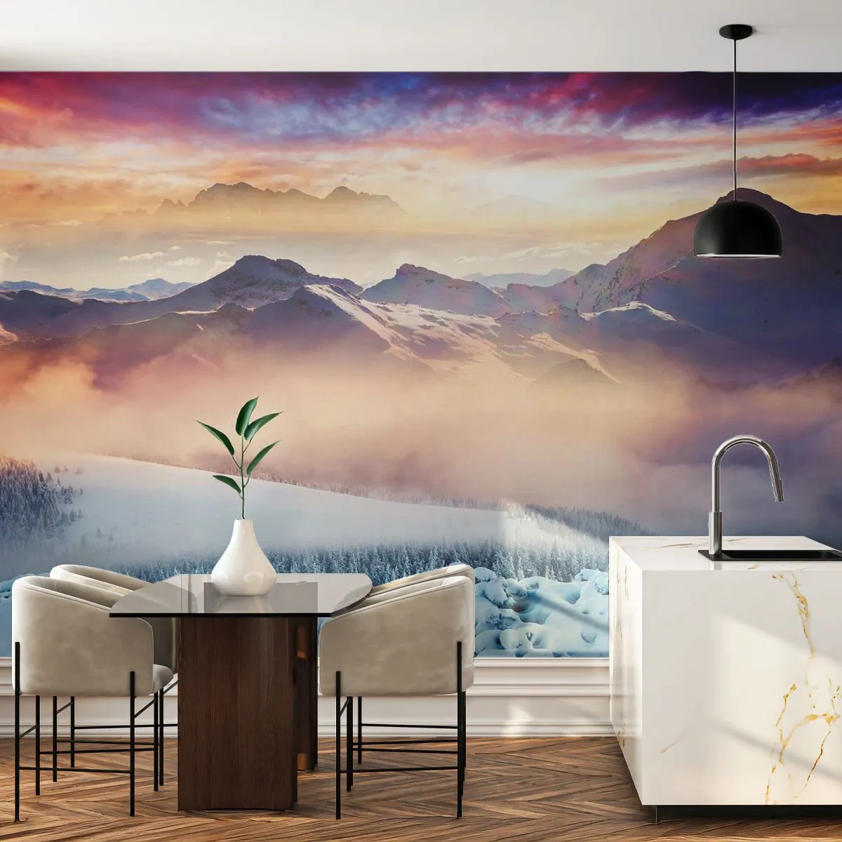 Papier Peint Photo Premium Canvas - Montagnes enneigées à l'aube avec un ciel coloré - 100x70cm - La force et la pureté de la nature - Décoration murale moderne pour le salon et la chambre ARTTOR