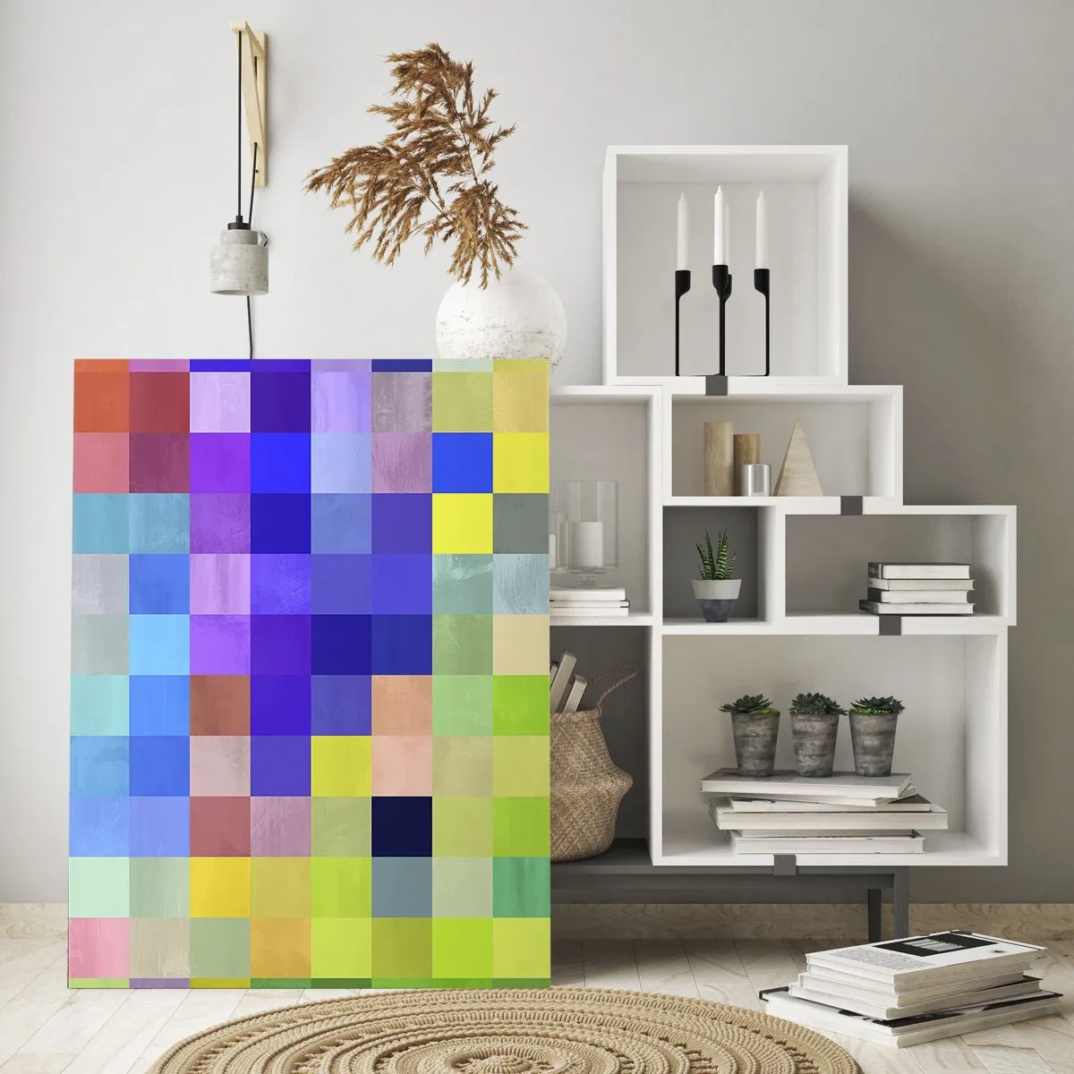 Impression sur verre - Image sur verre - Blocs géométriques colorés dans des tons vifs et vibrants - 50x70cm - Tous différents, tous égaux - Décoration murale moderne pour le salon et la chambre ARTTOR