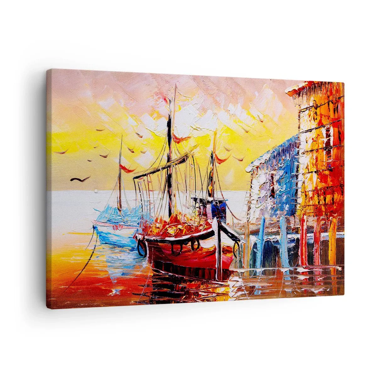 Impression sur toile - Image sur toile - Port pittoresque au coucher du soleil avec des bateaux de pêche - 70x50cm - Bon retour - Décoration murale moderne pour le salon et la chambre ARTTOR
